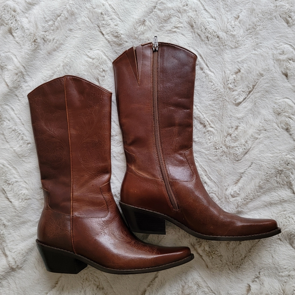 NEW Matisse Western Embossed Zip Up Brown Leather Cowboy Boots